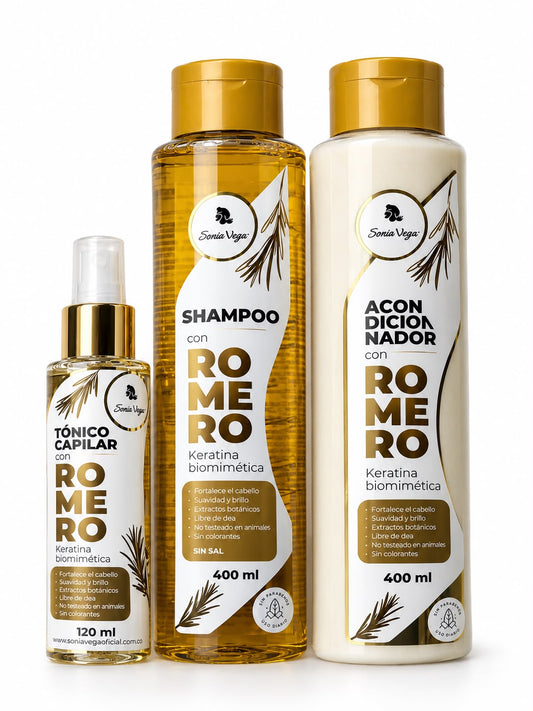 Kit Romero Con Keratina Biomimetica, Shampoo, Acondicionador, Tónico Romero y te obsequiamos un aceite de Argan